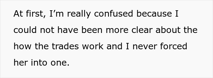Text discussing confusion about trading services and emphasizing clarity in communication. Text discussing confusion about trading services and emphasizing clarity in communication.