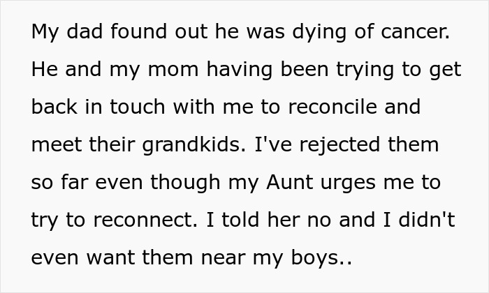 Text about family conflict and reconciliation issues involving the aunt, nephew, and grandparents.