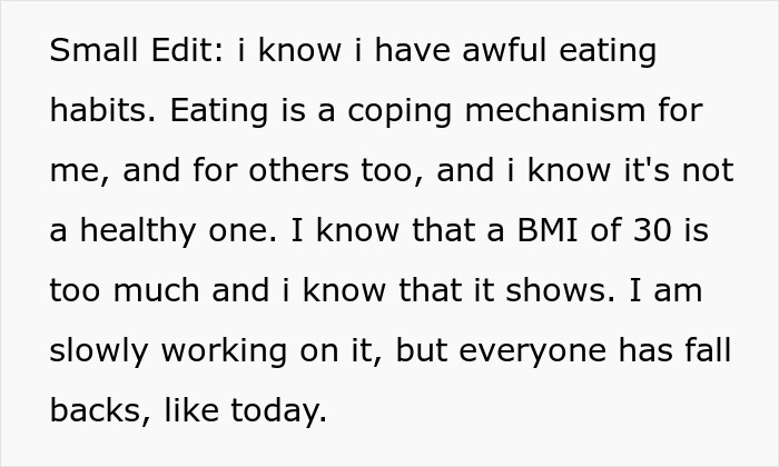Text discussing eating habits and coping mechanisms, acknowledging a BMI of 30 and working on improvement.