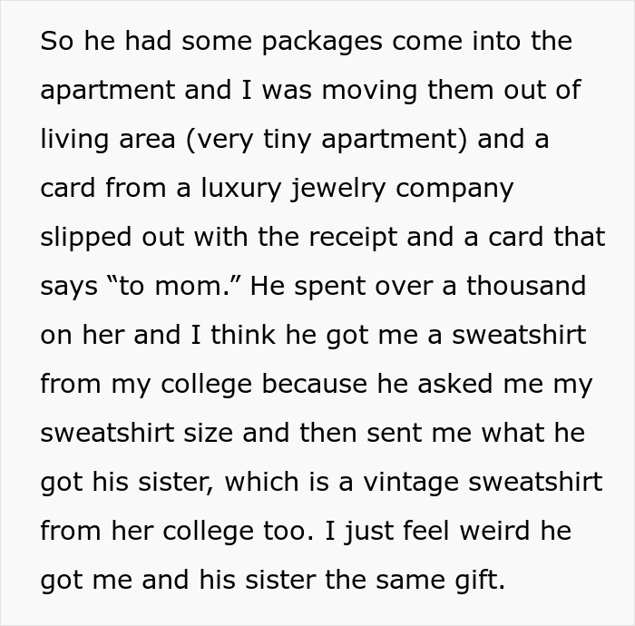 Text about a man buying an expensive gift for his mom and a less thoughtful gift for his partner.