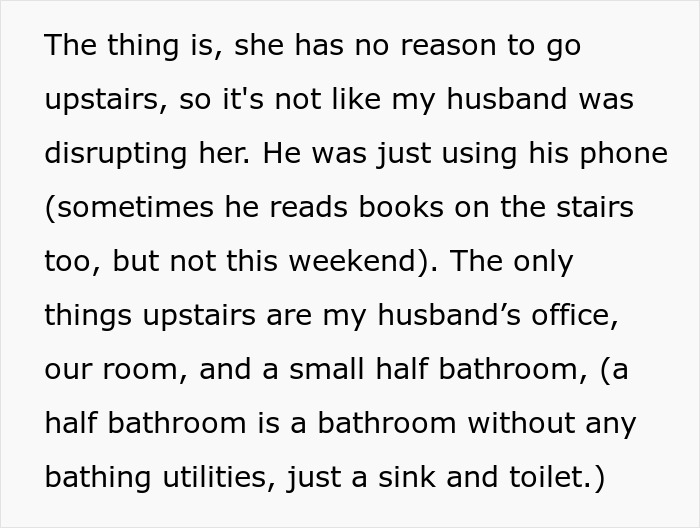 Text discussing a controlling MIL's issue with her son-in-law's stair-sitting habit and wife's defense of him.