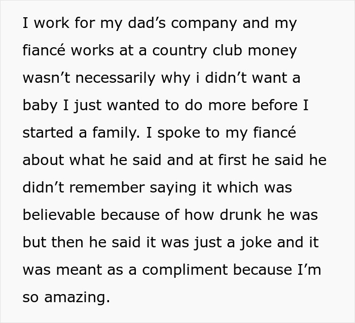 Text describing a fianc&eacute;'s joke about pregnancy, leading to an upset discussion.