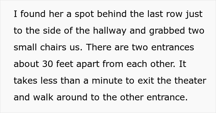 Text on image about finding a spot near the last row, mentioning theater exits and entrances, aligned with keywords &ldquo;woman in wheelchair.&rdquo;