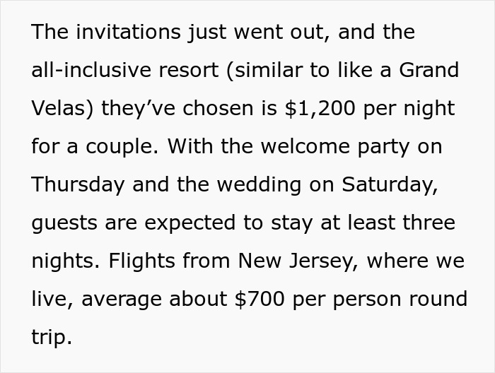 Text discussing costs of attending a destination wedding, highlighting resort and flight expenses. Text discussing costs of attending a destination wedding, highlighting resort and flight expenses.