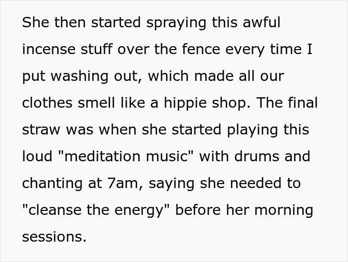 Text describes neighbor conflict over incense and meditation music.