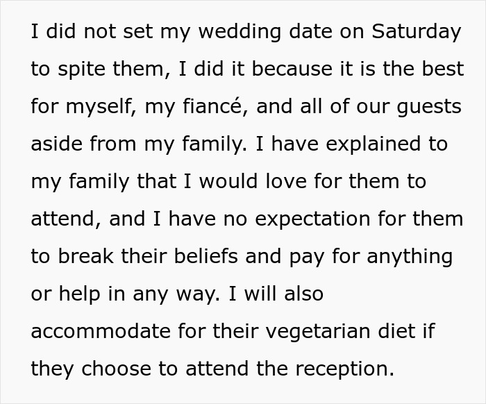 Text about a bride explaining reasons for choosing a wedding date despite family concerns, mentioning vegetarian options.
