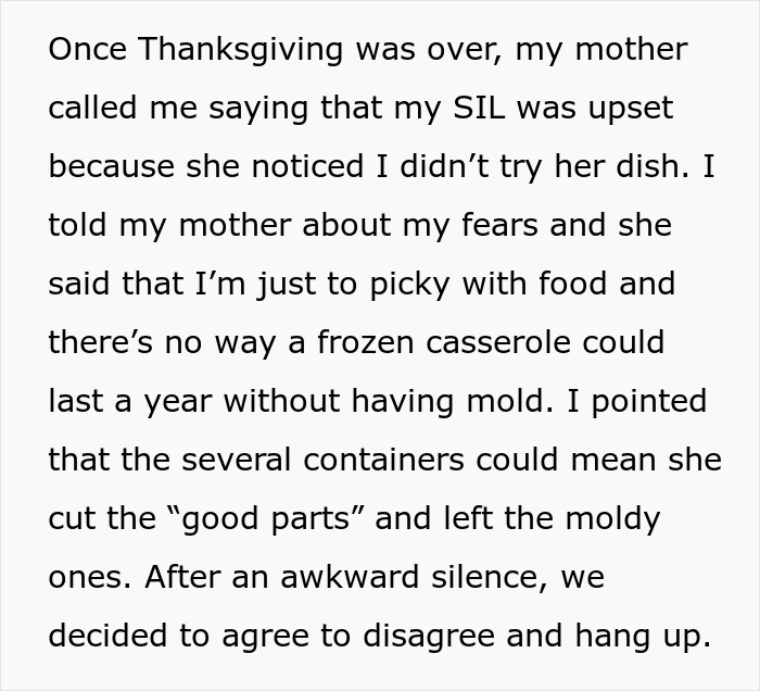 Text expressing concern about eating a potentially year-old Thanksgiving dish, mentioning mold and family disagreement.