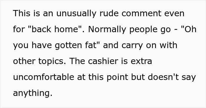 Text about fat-shaming comment making a cashier uncomfortable. Text about fat-shaming comment making a cashier uncomfortable.