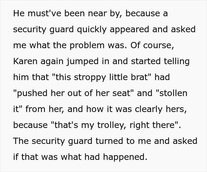 Text describing an angry woman demanding her seat back in a shopping mall.