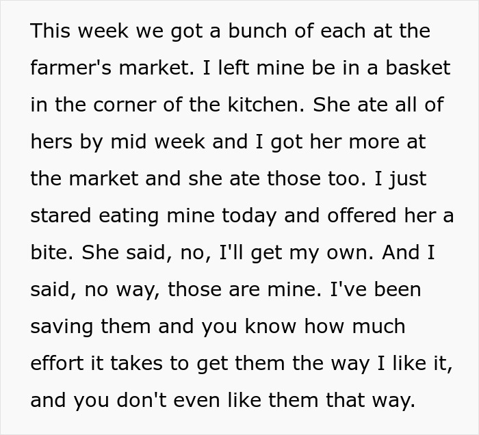 Text discussing a fruit-obsessed wife eating all her fruit and wanting her husband's share.