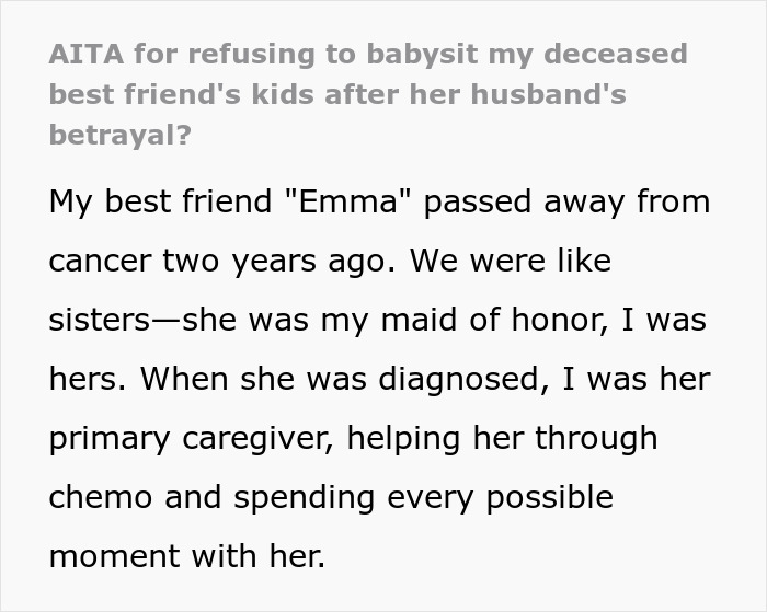 Text about refusal to babysit deceased friend&rsquo;s kids due to husband's infidelity and being called vindictive.