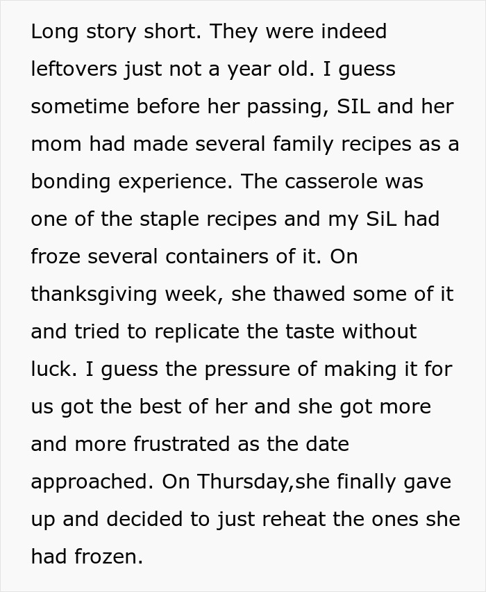 Text discussing leftovers being used for a Thanksgiving dish, highlighting family recipe traditions and reheating decisions.