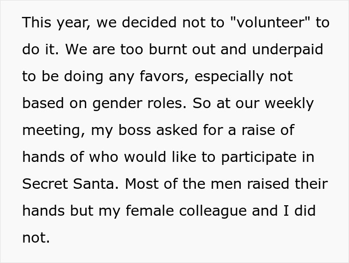 Female employees refuse Secret Santa participation due to burnout and gender role expectations.