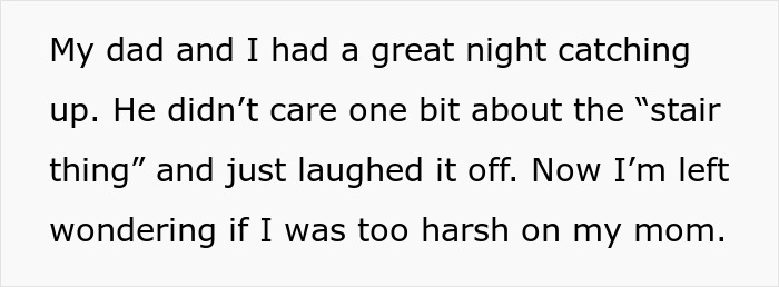 Text about dad laughing off wife's behavior, while daughter wonders if her response to mom was too harsh.