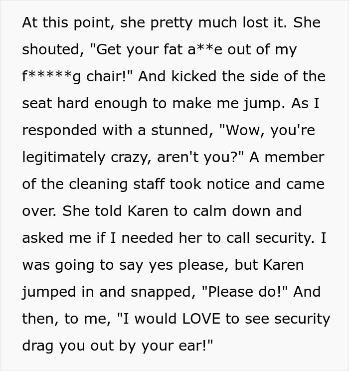 Angry woman demanding a seat at a shopping mall, causing a scene and involving staff.