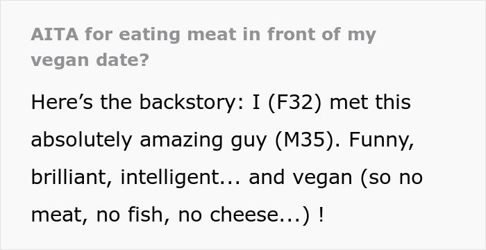 Text about a woman eating meat during a date with a vegan, wondering if it's tactless.