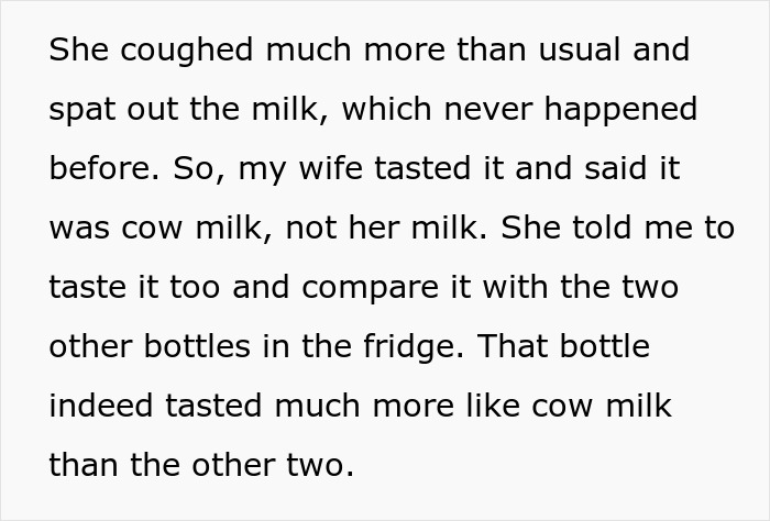 Text discussing suspicion of brother replacing breast milk with cow milk. Text discussing suspicion of brother replacing breast milk with cow milk.