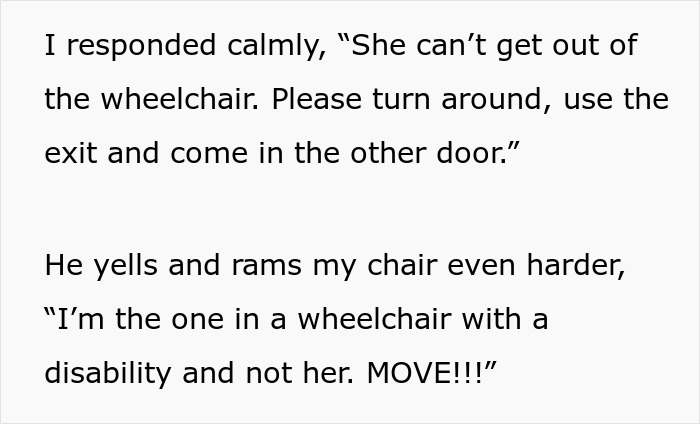Text describing a man angrily shouting at a woman in a wheelchair, accusing her of faking a disability.