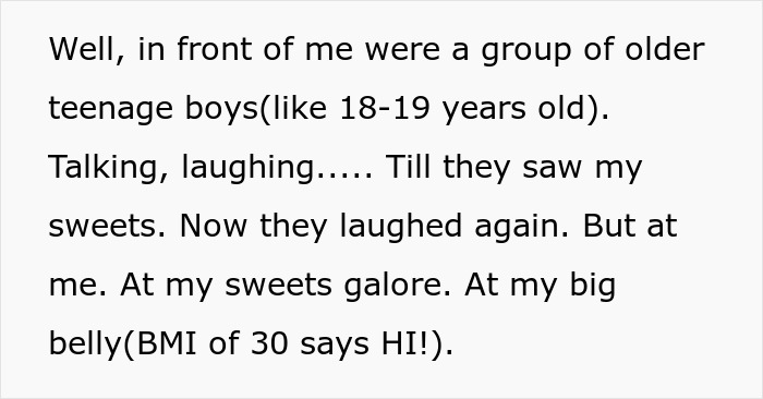 Text describing teens laughing at a woman buying candy, mentioning sweets and her BMI.