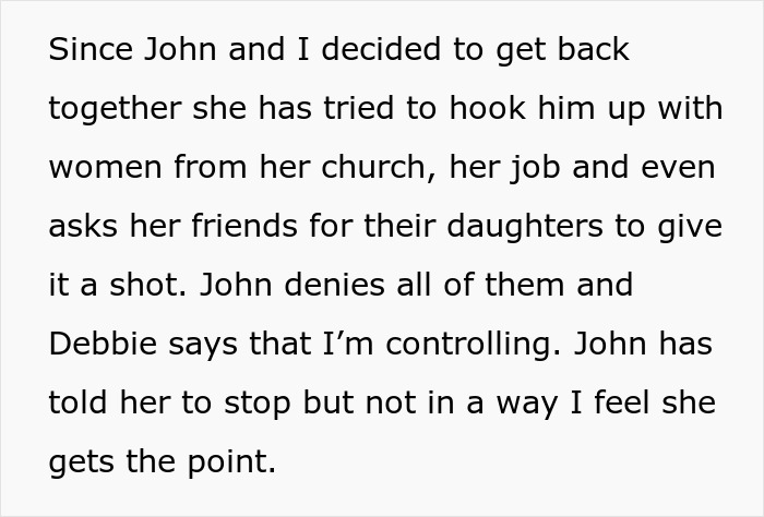 Text block discussing relationship issues caused by a fianc&eacute;'s mom trying to set him up with <a target=