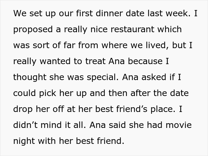Text about a date at a distant restaurant, with a plan to drop off afterward, questioning if leaving was justified.