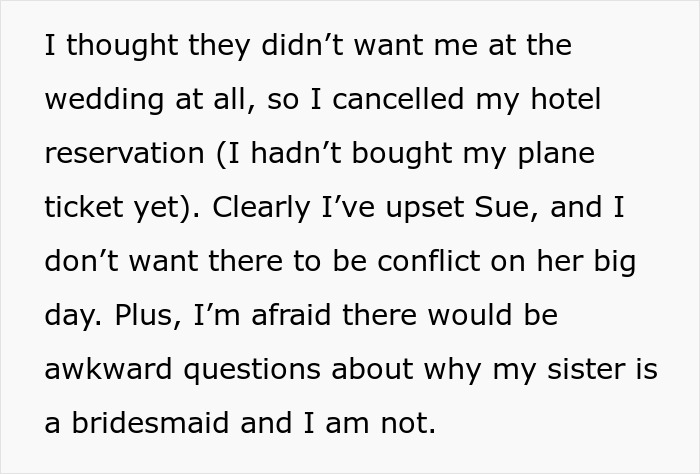 Text image discussing being uninvited from a wedding after altering a bridesmaid dress.