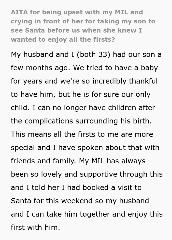 Text expresses frustration of a new mom upset over missing her baby's first with Santa, highlighting emotional impact. Text expresses frustration of a new mom upset over missing her baby's first with Santa, highlighting emotional impact.