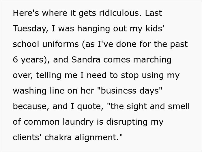Text about neighbor's complaint regarding laundry affecting chakra alignment.