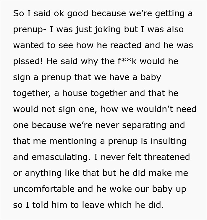 Text about a joke on a prenup related to pregnancy, causing upset with fianc&eacute;.