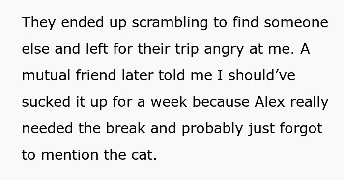 Text discussing a man unable to watch a friend's dog due to allergies and having a cat, causing tension among friends.