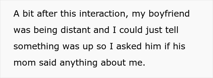 Text describing tension as a boyfriend is distant after interaction involving his mother.