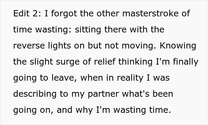 Text discussing time-wasting tactics, including slow-motion grocery loading at Costco. Text discussing time-wasting tactics, including slow-motion grocery loading at Costco.