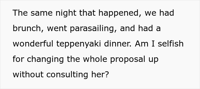 Text on background discussing proposal plans, including brunch, parasailing, Teppanyaki dinner, and questioning selfishness.