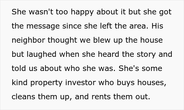 Text about a property investor leaving the area after a petty revenge incident involving a mistaken explosion.