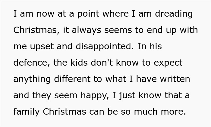 Text expressing disappointment and dread about Christmas celebrations in a family setting.