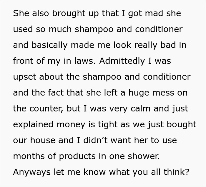 Text about teen using sister-in-law's products, causing tension, and discussing shampoo and conditioner usage. Text about teen using sister-in-law's products, causing tension, and discussing shampoo and conditioner usage.