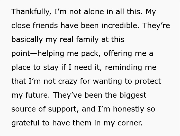 Text about choosing financial protection over family support, highlighting friendships as a primary support system.