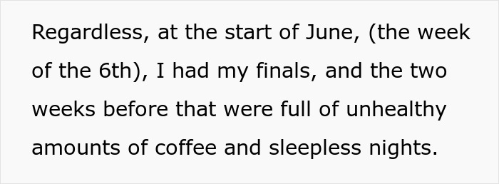 Text about guy's finals stresses with coffee and sleepless nights.