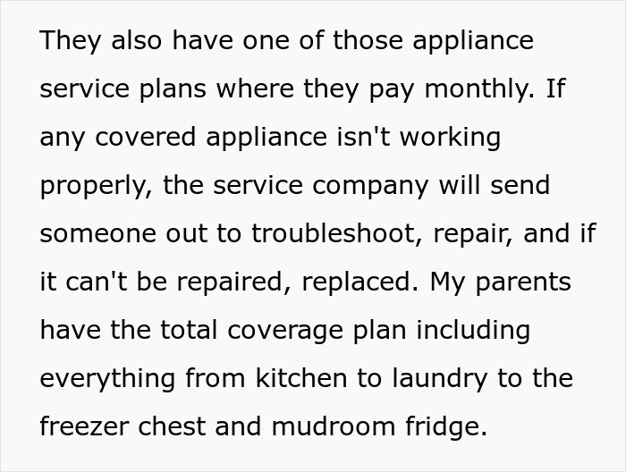 Text about appliance service plans describing monthly payment and coverage for repair or replacement.