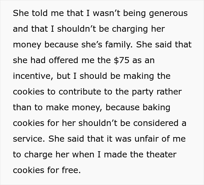 Text about a daughter charging parents for Christmas cookies, highlighting a disagreement over baking services. Text about a daughter charging parents for Christmas cookies, highlighting a disagreement over baking services.
