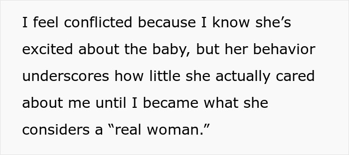 Text image expressing a pregnant woman's feelings about her mother's lack of understanding.