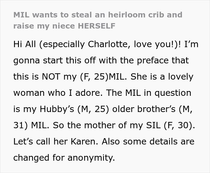 Text about MIL wanting to take heirloom crib, causing family tension.
