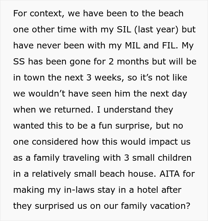 Text describing family vacation drama with in-laws arriving unannounced.