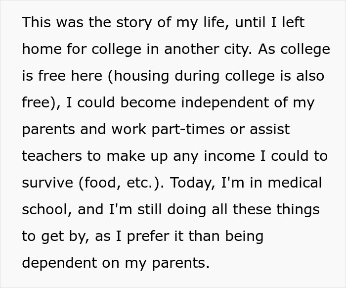 Text about college independence and work during medical school, related to babysitting refusal story.