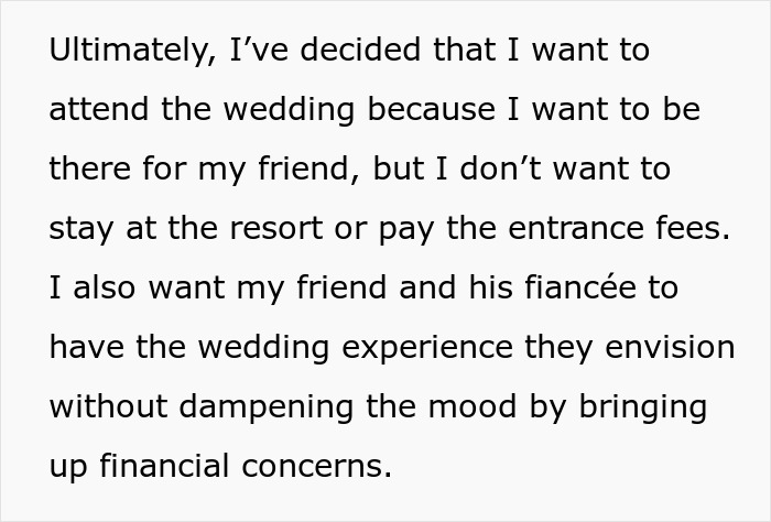 Text about a groomsman's financial concerns with attending a destination wedding. Text about a groomsman's financial concerns with attending a destination wedding.