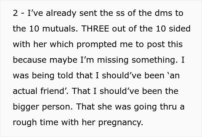 Text conversation about being uninvited from a baby shower after sharing screenshots with mutual friends. Text conversation about being uninvited from a baby shower after sharing screenshots with mutual friends.