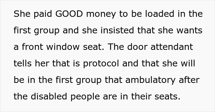 Text about seating protocol and priorities at an airport, mentioning costs and disability accommodations. Text about seating protocol and priorities at an airport, mentioning costs and disability accommodations.