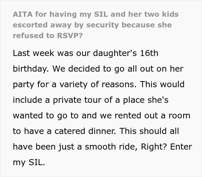 Text detailing an incident at a birthday party where guests were not allowed for not RSVPing.