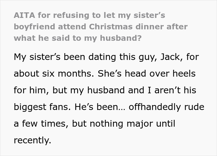 Text about sibling conflict over boyfriend at Christmas dinner due to his behavior.
