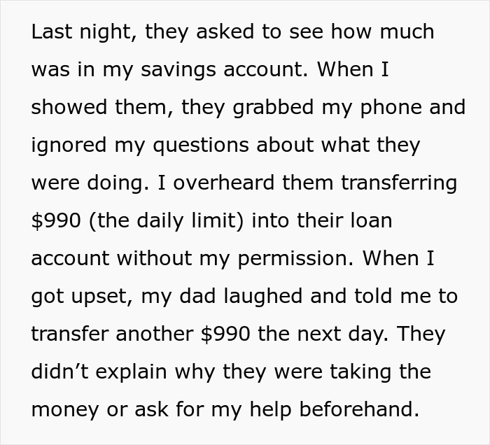 Text about parents transferring daughter's money without permission, highlighting entitlement issues. Text about parents transferring daughter's money without permission, highlighting entitlement issues.